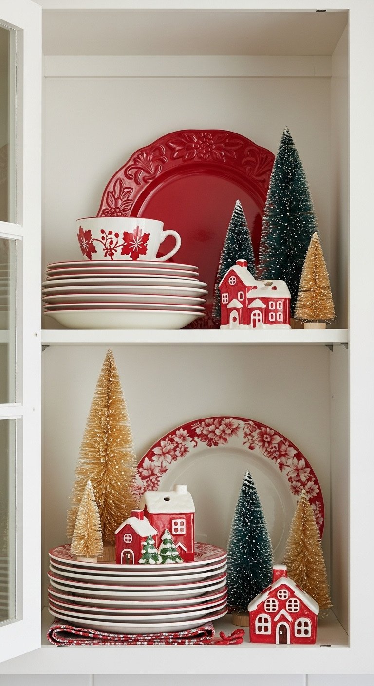 Curated Christmas display glass-front kitchen cabinet red white plates ceramic houses bottlebrush trees faux holly