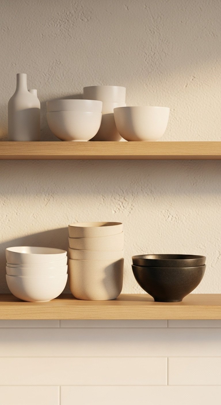 Curated collection of neutral toned ceramics on a light wood floating shelf in a Zen kitchen