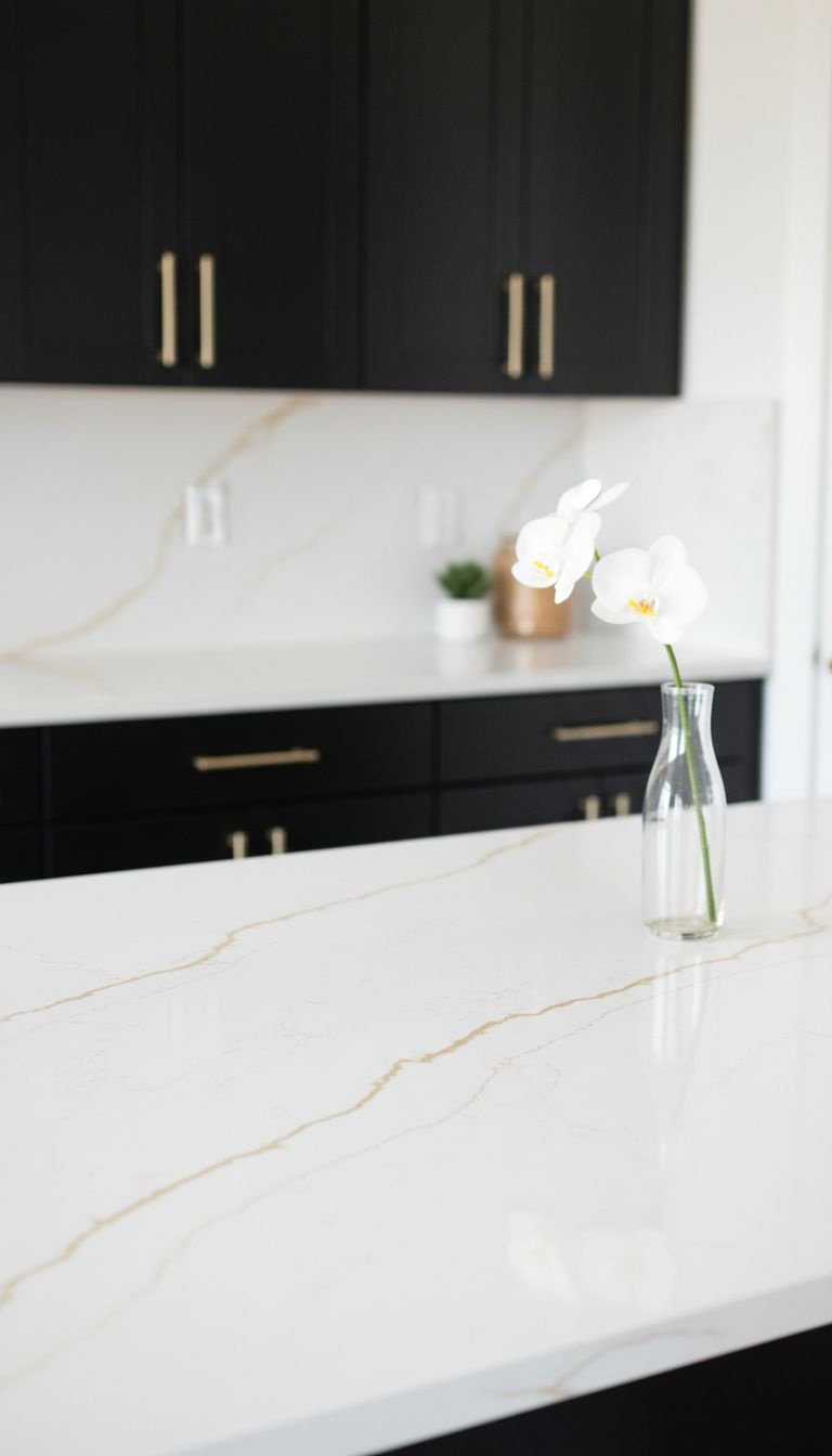 Curated gold kitchen accessories: wire fruit bowl, utensil holder, salt/pepper grinders on white marble countertop.