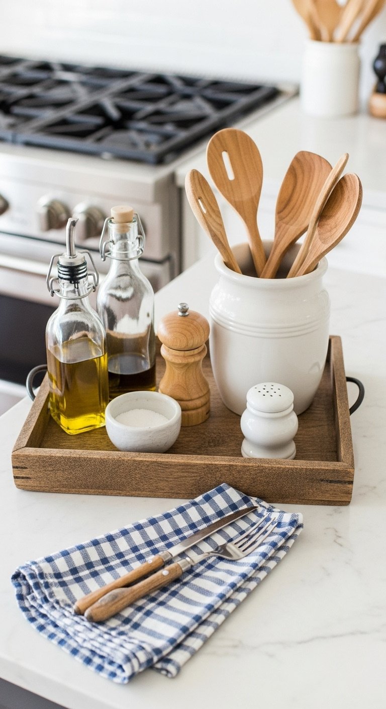 How To Make A Kitchen Cozy A Simple Method For Apartments 14 Curated kitchen essentials on a rustic wooden tray, white marble counter next to stove. Oil, vinegar, salt, pepper. Organized kitchen decor.