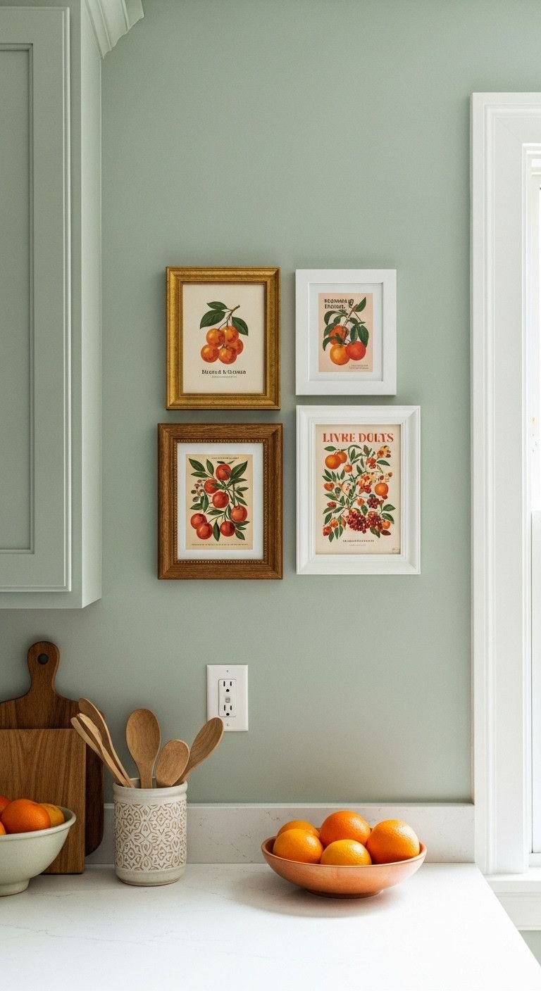 13 Charming Vintage Apartment Kitchen Ideas For Renters 14 Curated kitchen gallery wall with vintage frames, gold, wood, white, and retro botanical prints on a sage green wall, DIY decor.