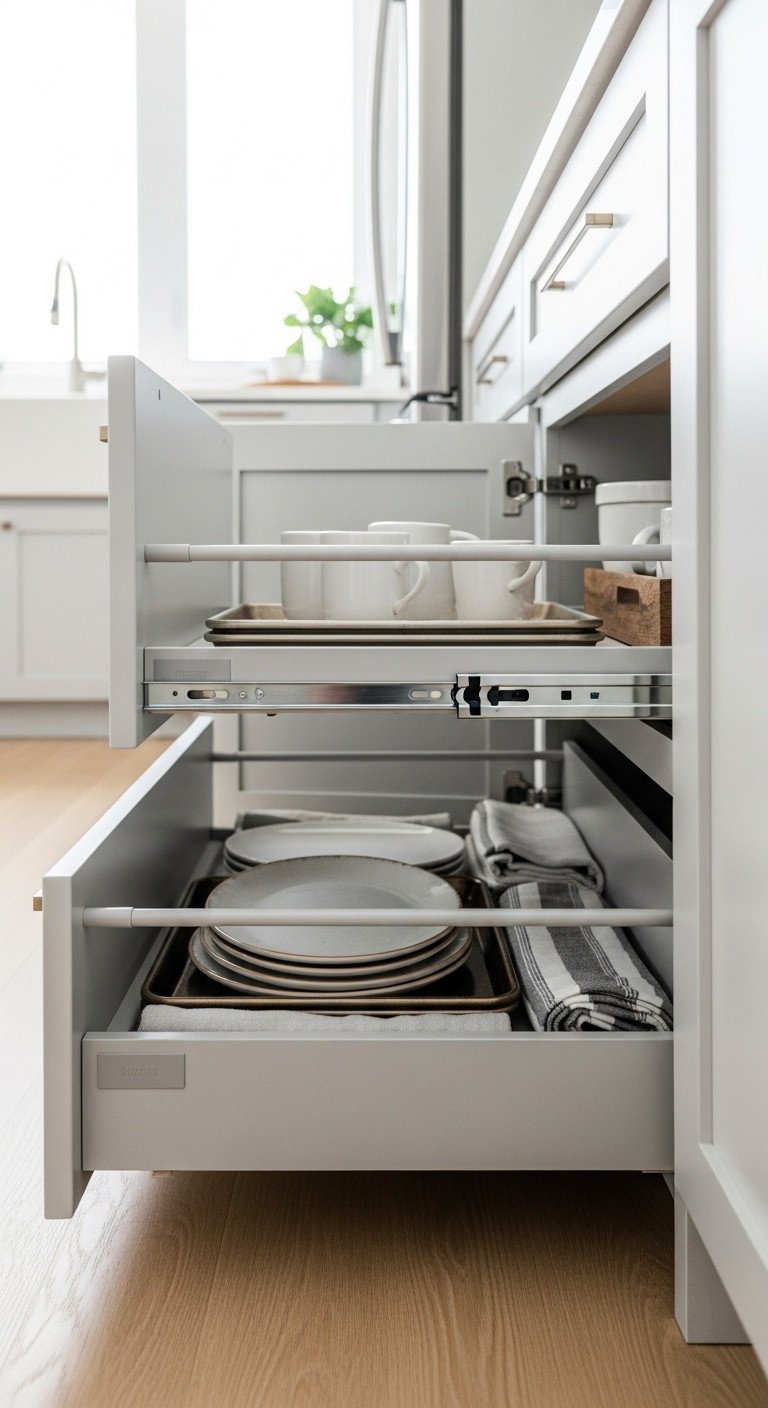 13 Brilliant Galley Kitchen Ideas To Maximize Your Space 25 Custom toe-kick drawer in galley kitchen, revealing organized baking sheets, platters, and linens.