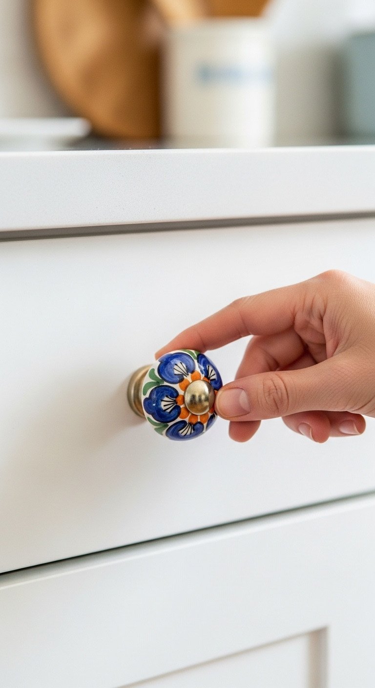 11 Colorful Apartment Kitchen Ideas To Add Personality 15 Custom white kitchen cabinet drawer with a newly installed blue and orange hand-painted floral ceramic knob, a hand touching it.