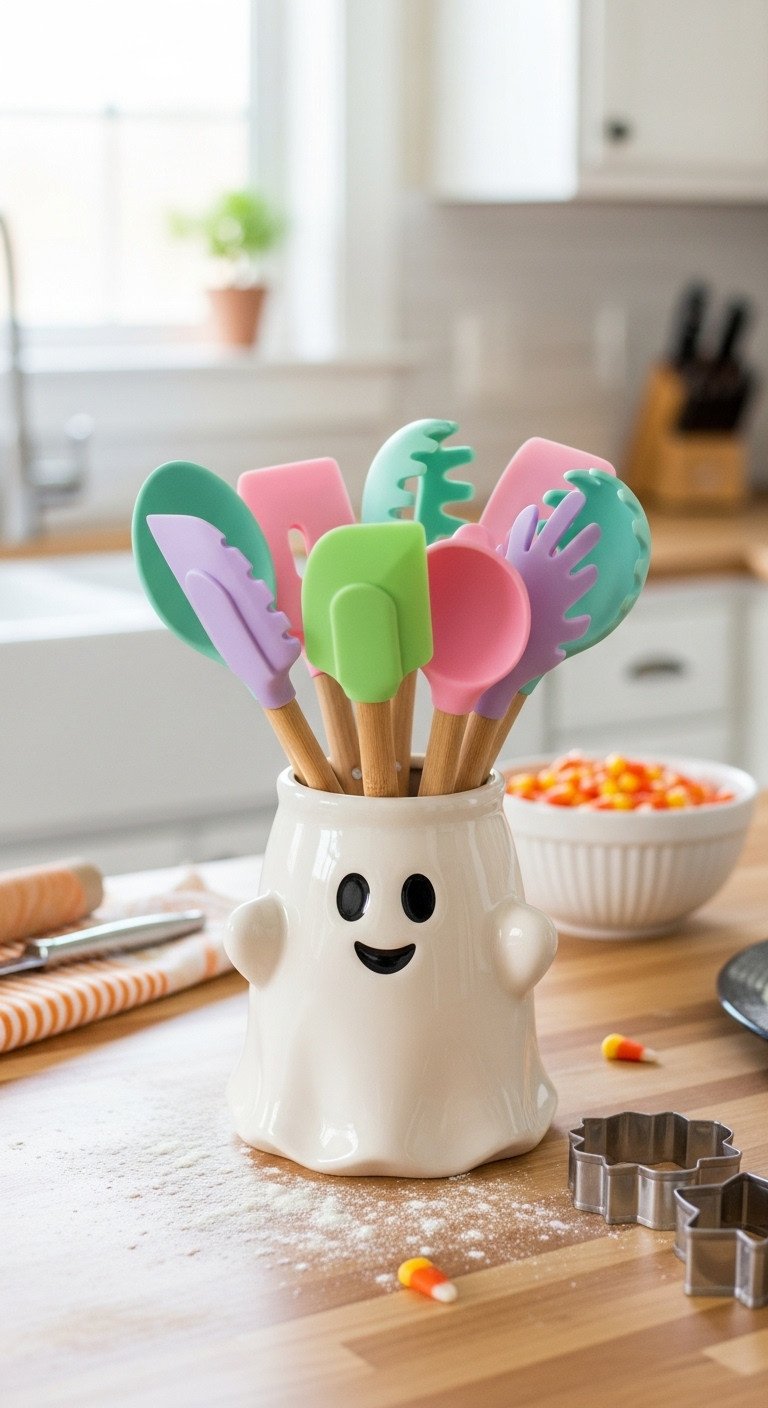 Cute white ceramic ghost shaped utensil holder filled with colorful baking utensils