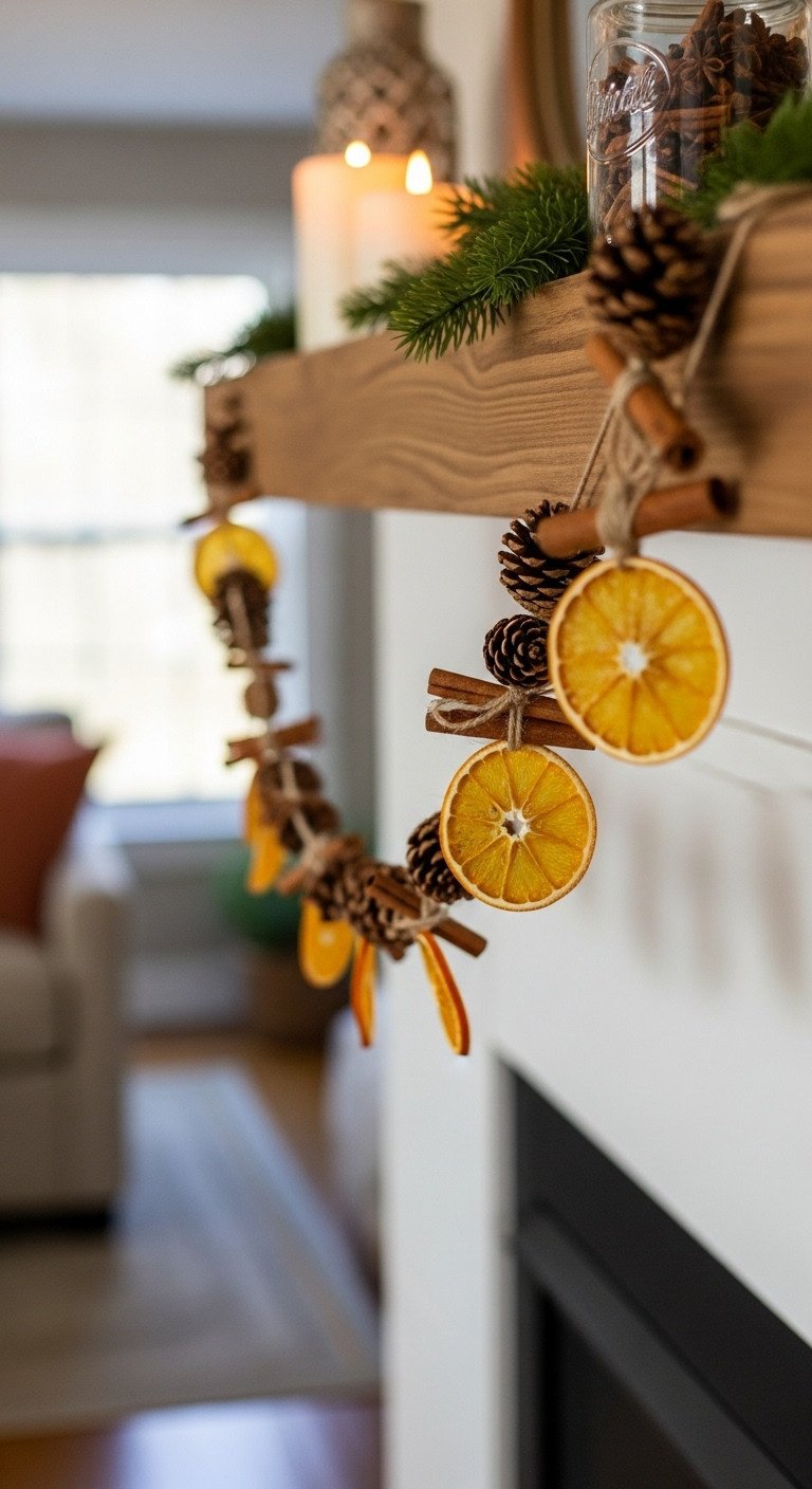 DIY Christmas garland with dried orange slices, pinecones, cinnamon sticks, jute twine on rustic mantel.