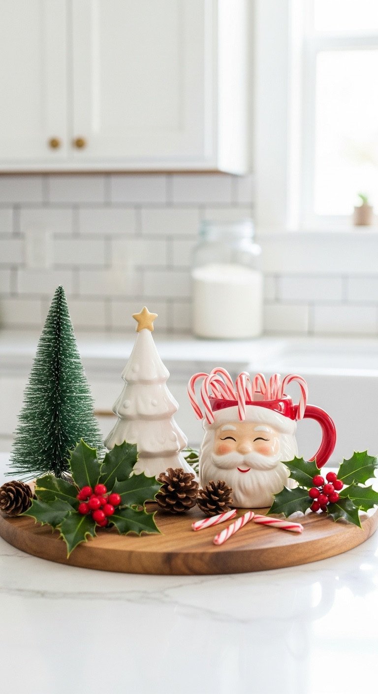 DIY Christmas vignette on a wooden cutting board with ceramic tree Santa mug pinecones and holly on a kitchen counter