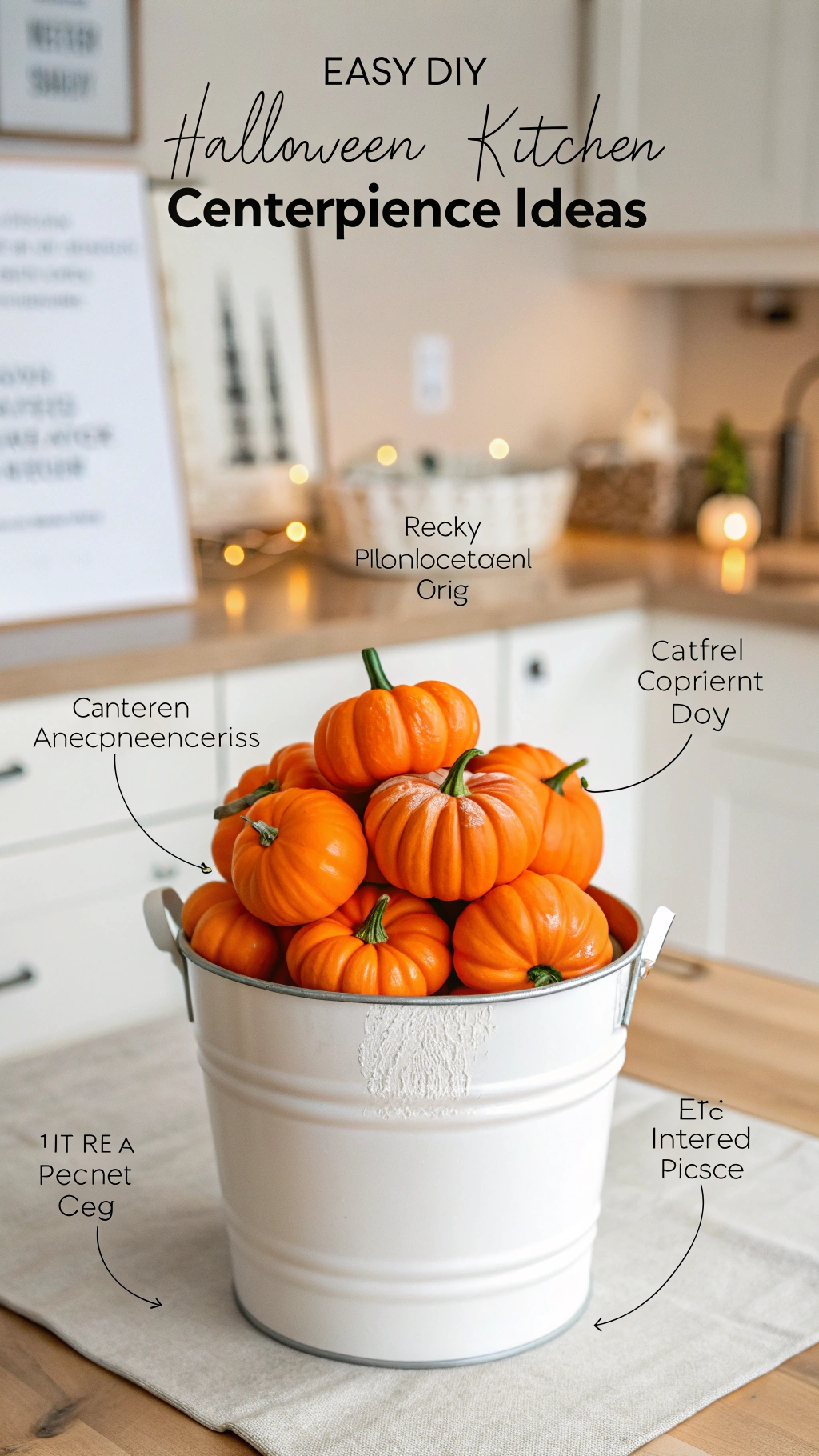 DIY Halloween kitchen centerpiece with a bucket of orange white and silver mini pumpkins with googly eyes on a light wood table