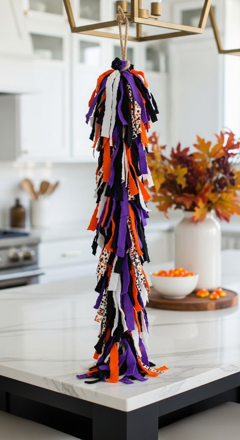 DIY Halloween kitchen garland made from fabric strips in orange black purple and white hanging from a marble island