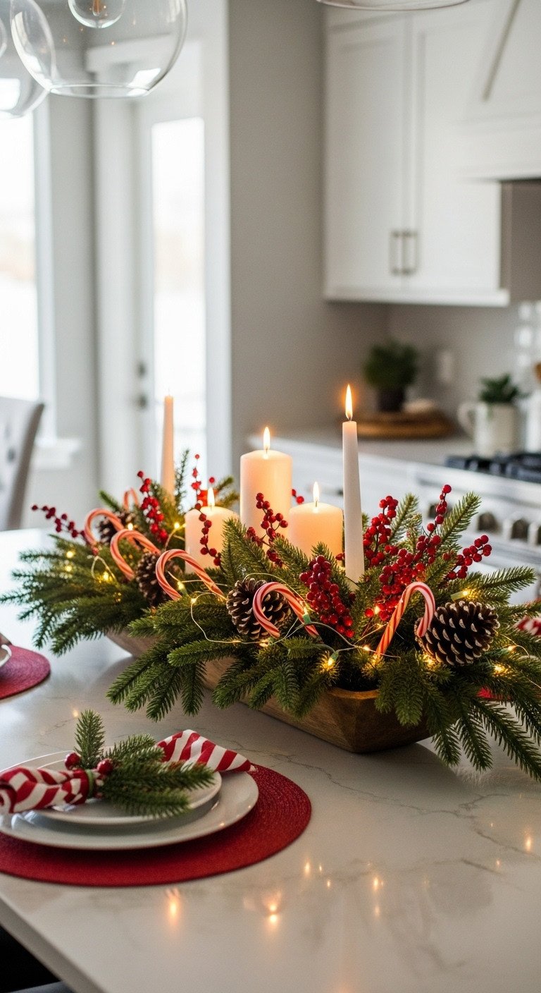 DIY candy cane centerpiece on kitchen island: evergreen, fairy lights, red/white canes, pinecones, & pillar candles.