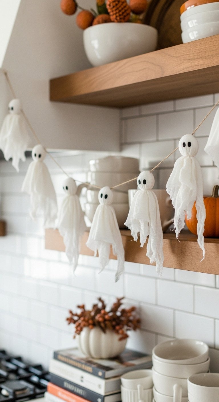 DIY cheesecloth ghosts Halloween garland on a rustic wooden shelf in a modern farmhouse kitchen with fall decor