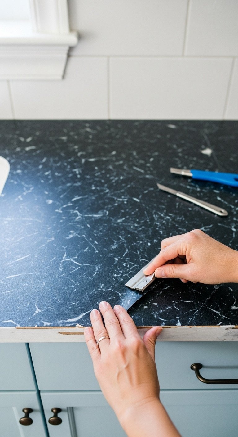 DIY countertop transformation with dark soapstone-effect contact paper being smoothed with a squeegee, kitchen update.