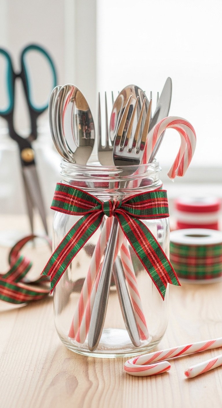 DIY crafting space with simple decorated mason jar utensil holder festive plaid ribbon and candy canes