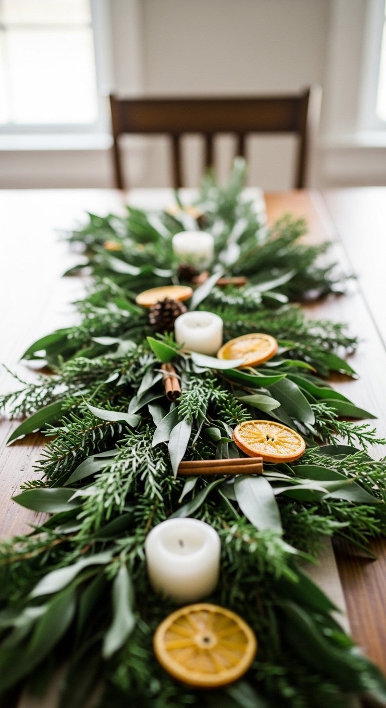 Christmas Table Decor Ideas To Inspire Every Style 15 DIY foraged greenery runner on rustic wooden Christmas table with dried orange slices, cinnamon sticks, and white candles.