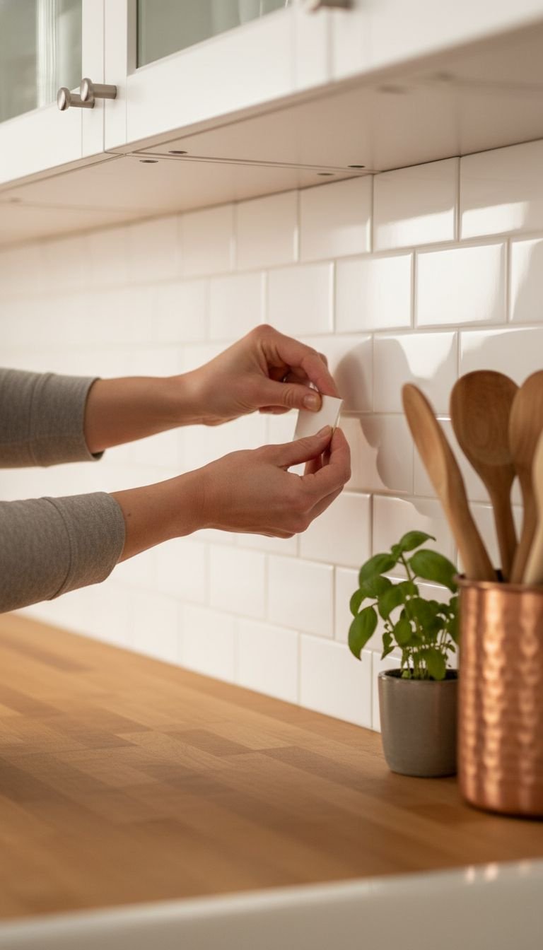 DIY kitchen: Modern brass cabinet pull on sage green cabinet. Screwdriver, hand. Elegant update, home design.