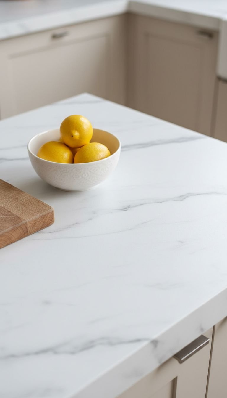 11 Brilliant Apartment Kitchen Ideas On A Budget For Renters 1 DIY kitchen counter with marble contact paper, subtle veining, matte finish. Lemons, wooden cutting board.