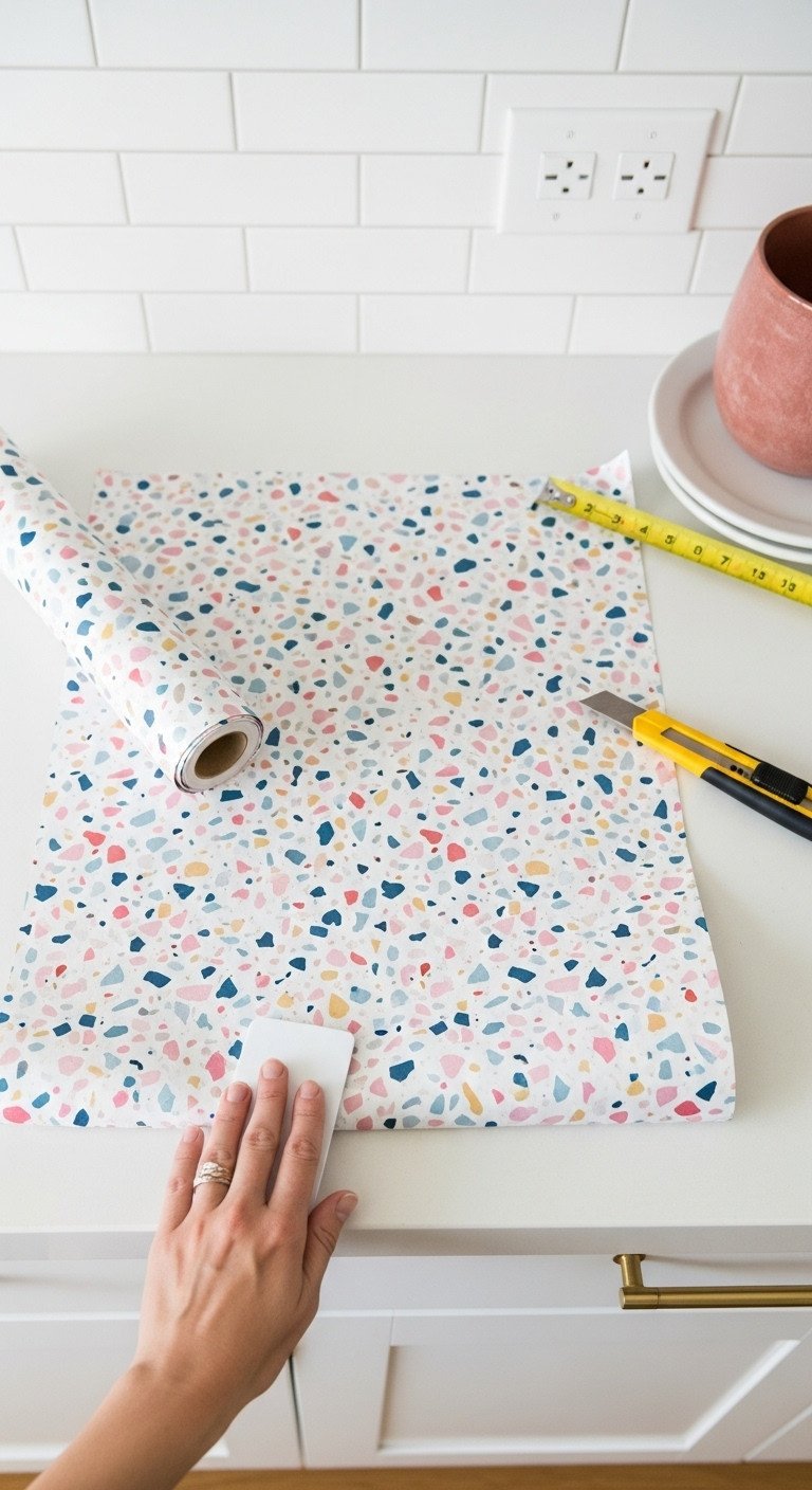 11 Colorful Apartment Kitchen Ideas To Add Personality 17 DIY kitchen countertop makeover with colorful terrazzo peel-and-stick contact paper, showing a hand smoothing it with tools.