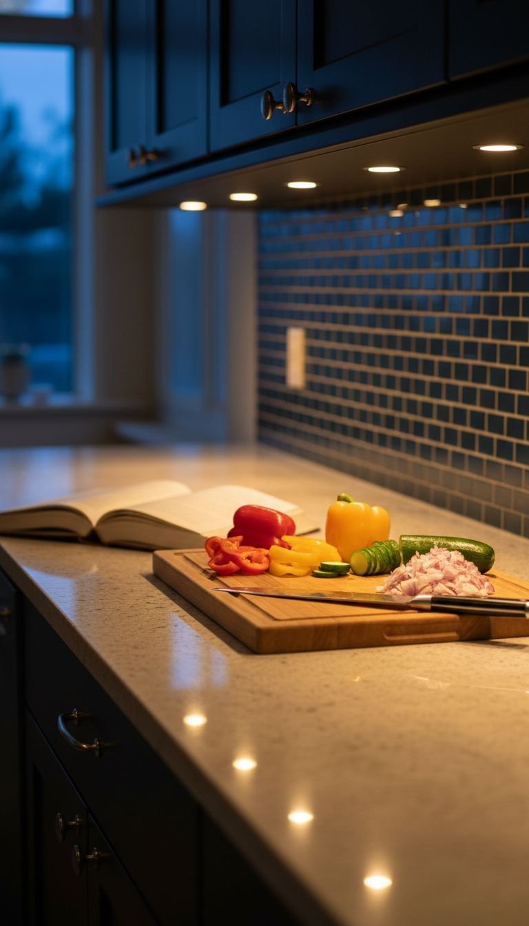 11 Brilliant Apartment Kitchen Ideas On A Budget For Renters 7 DIY kitchen under-cabinet LED puck lights illuminate cookbook and vegetables. Warm glow, cozy evening scene.