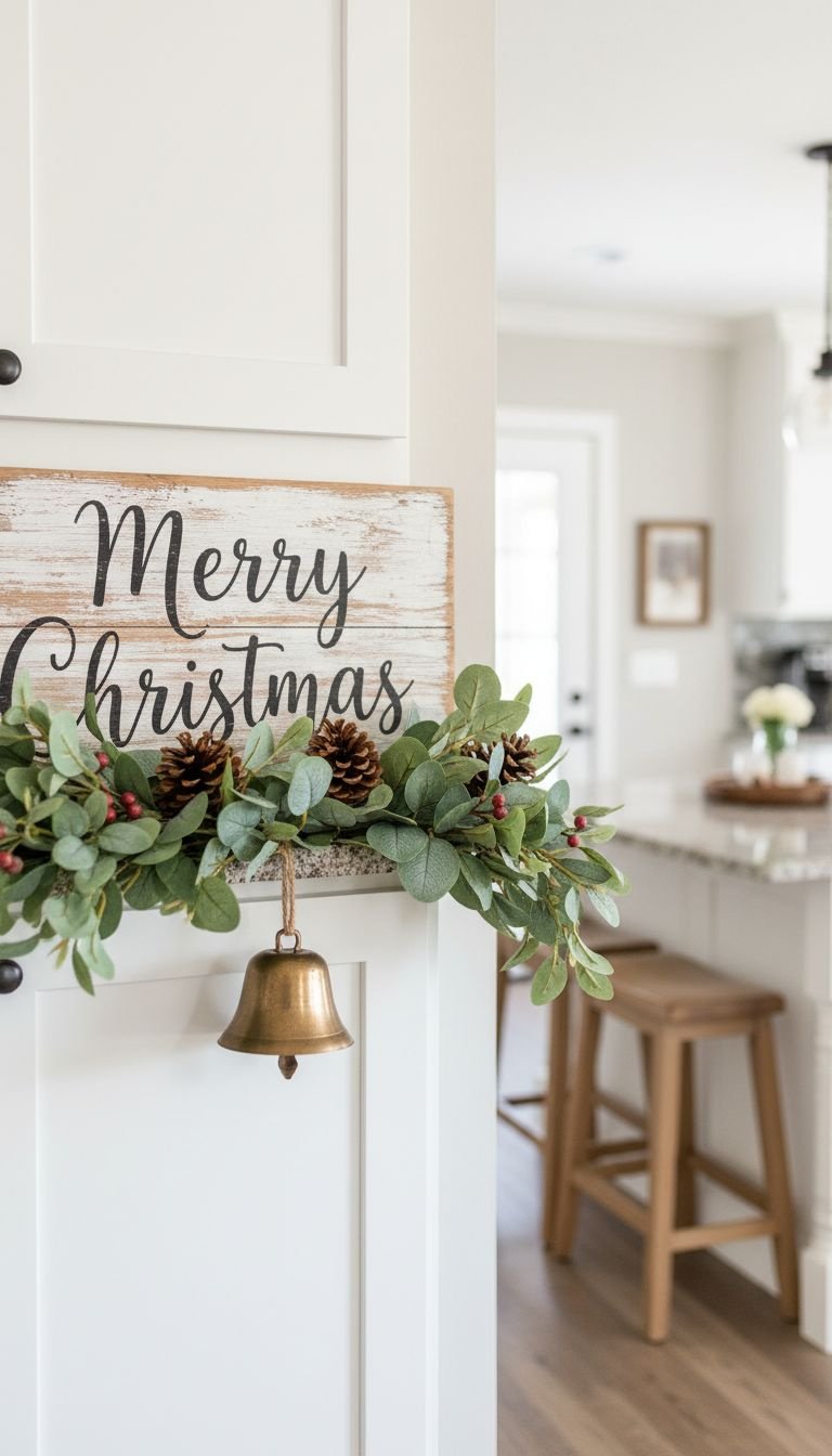 DIY mason jar luminaries with snow, bottle brush trees, and tea lights on warm wooden farmhouse kitchen cabinet.
