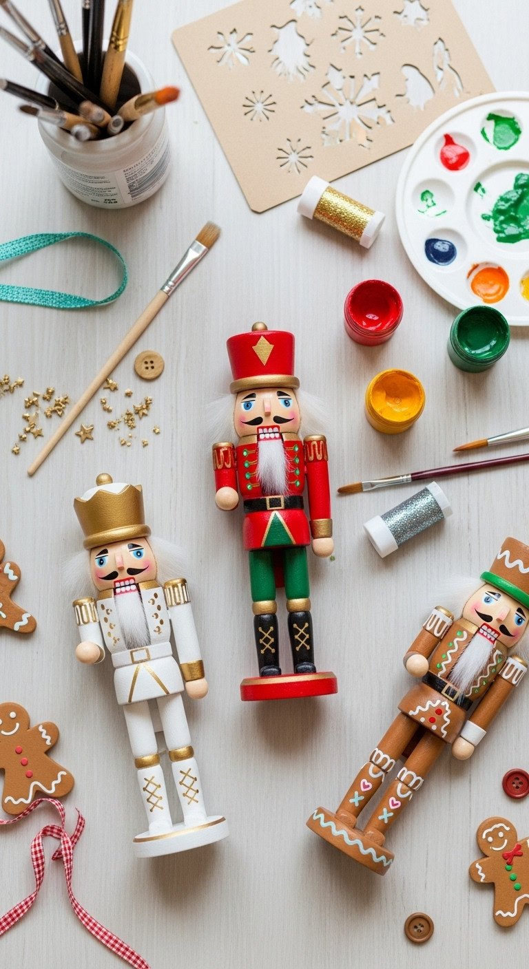 DIY painted nutcracker figures: white/gold, red/green, gingerbread designs, with paint brushes and acrylics. Creative Christmas craft project.