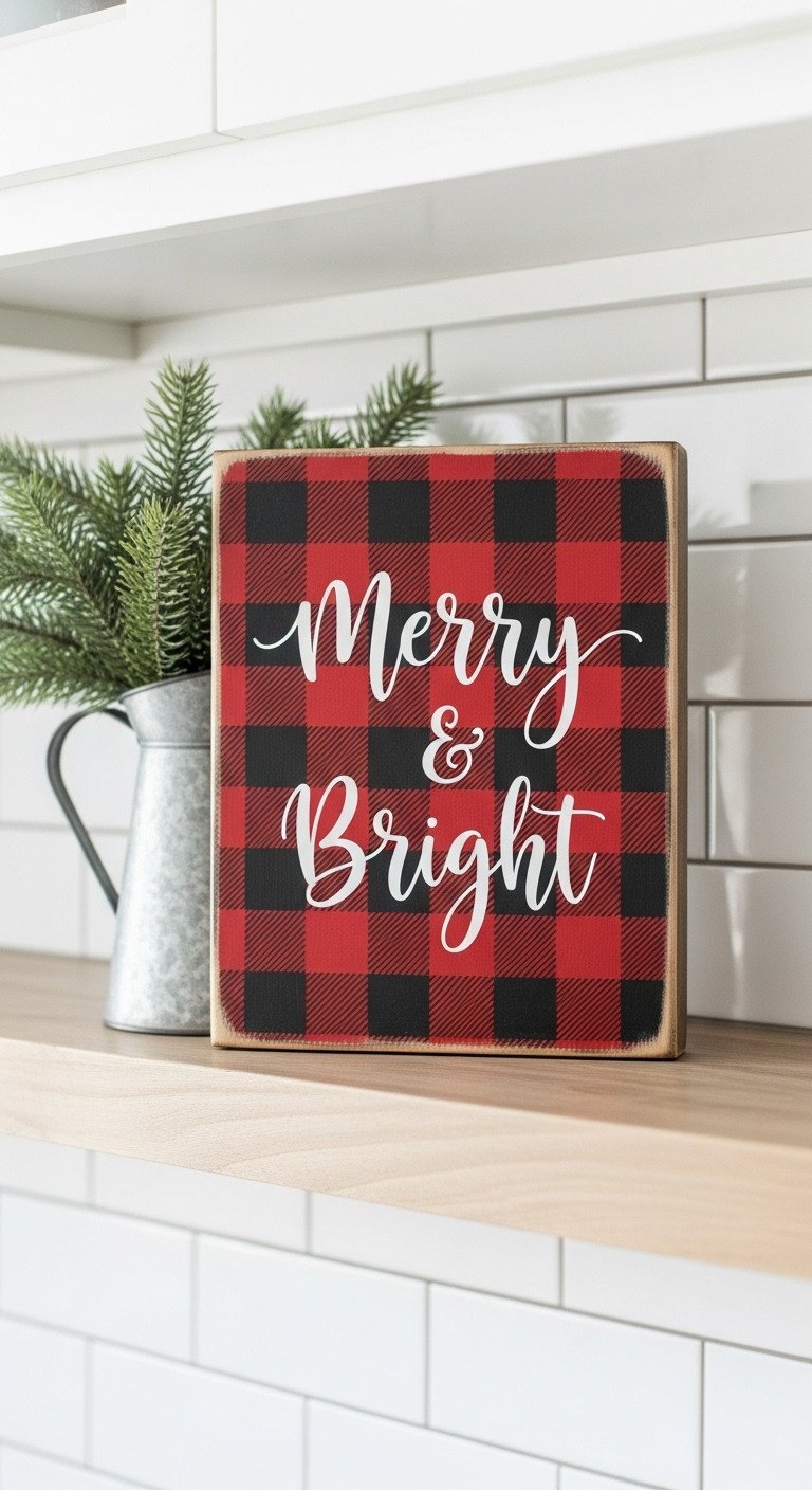 DIY red & black buffalo plaid wooden sign on kitchen shelf. Rustic holiday decor with evergreen & vintage pitcher, subway tile.