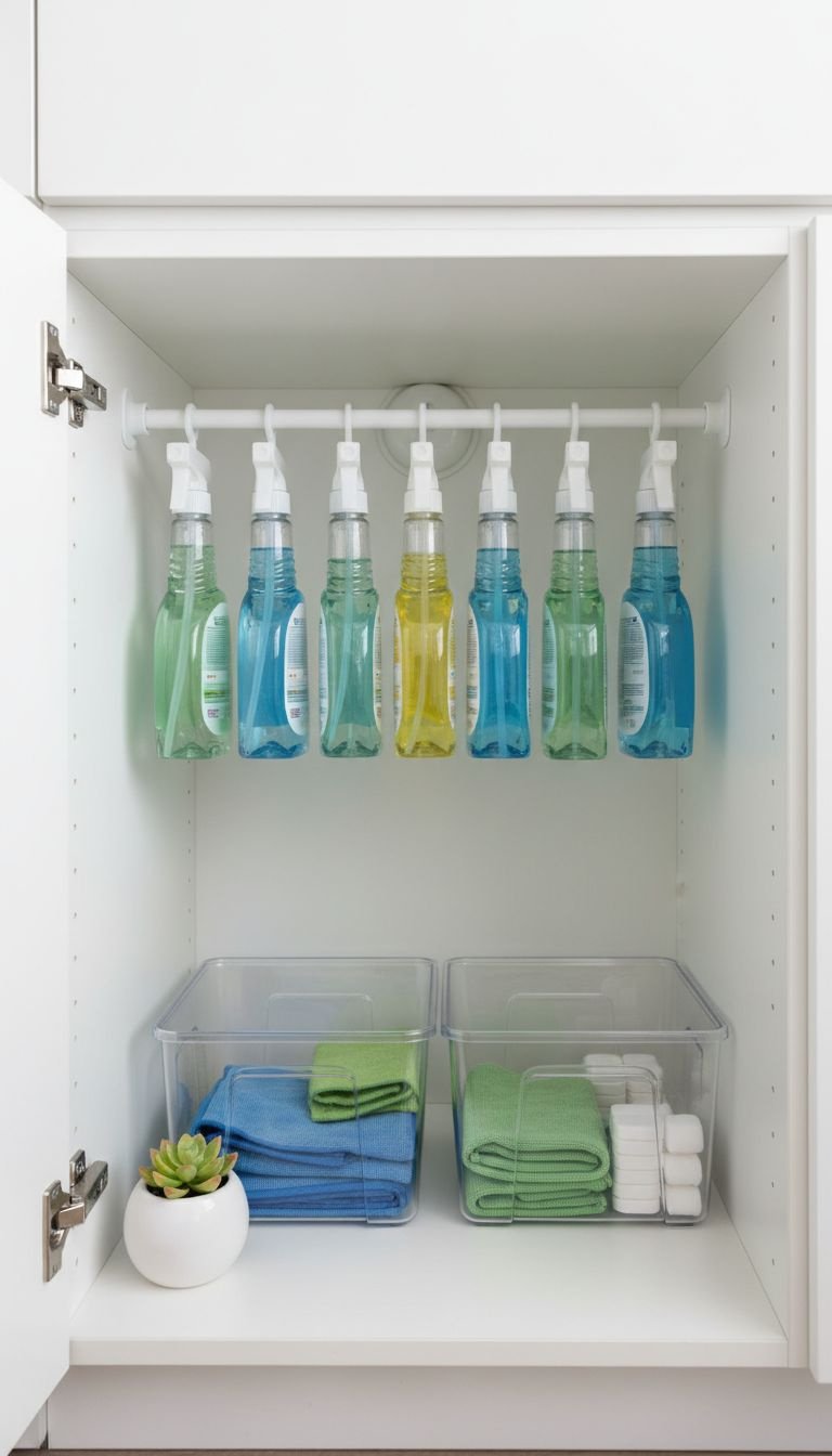 11 Brilliant Apartment Kitchen Ideas On A Budget For Renters 14 DIY under-sink cabinet organization: tension rod holds spray bottles. Frees floor space for cleaning supplies.