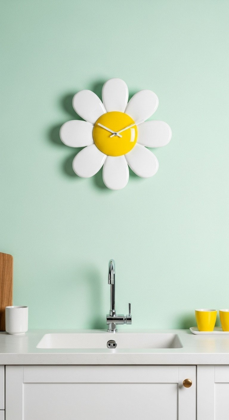 Daisy-shaped Y2K funky wall clock with yellow center and white petals on a mint green kitchen wall, modern decor.