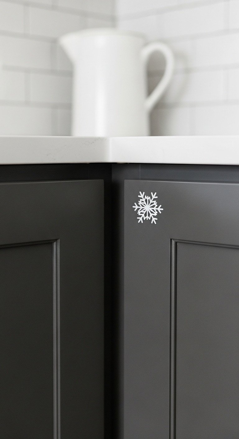 Damage-free removable holiday decal white snowflake dark gray kitchen cabinet door minimalist bright daylight