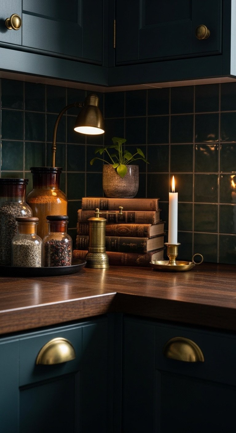Dark academia kitchen featuring vintage apothecary spice jars, old books, a small plant, and a brass pepper mill.