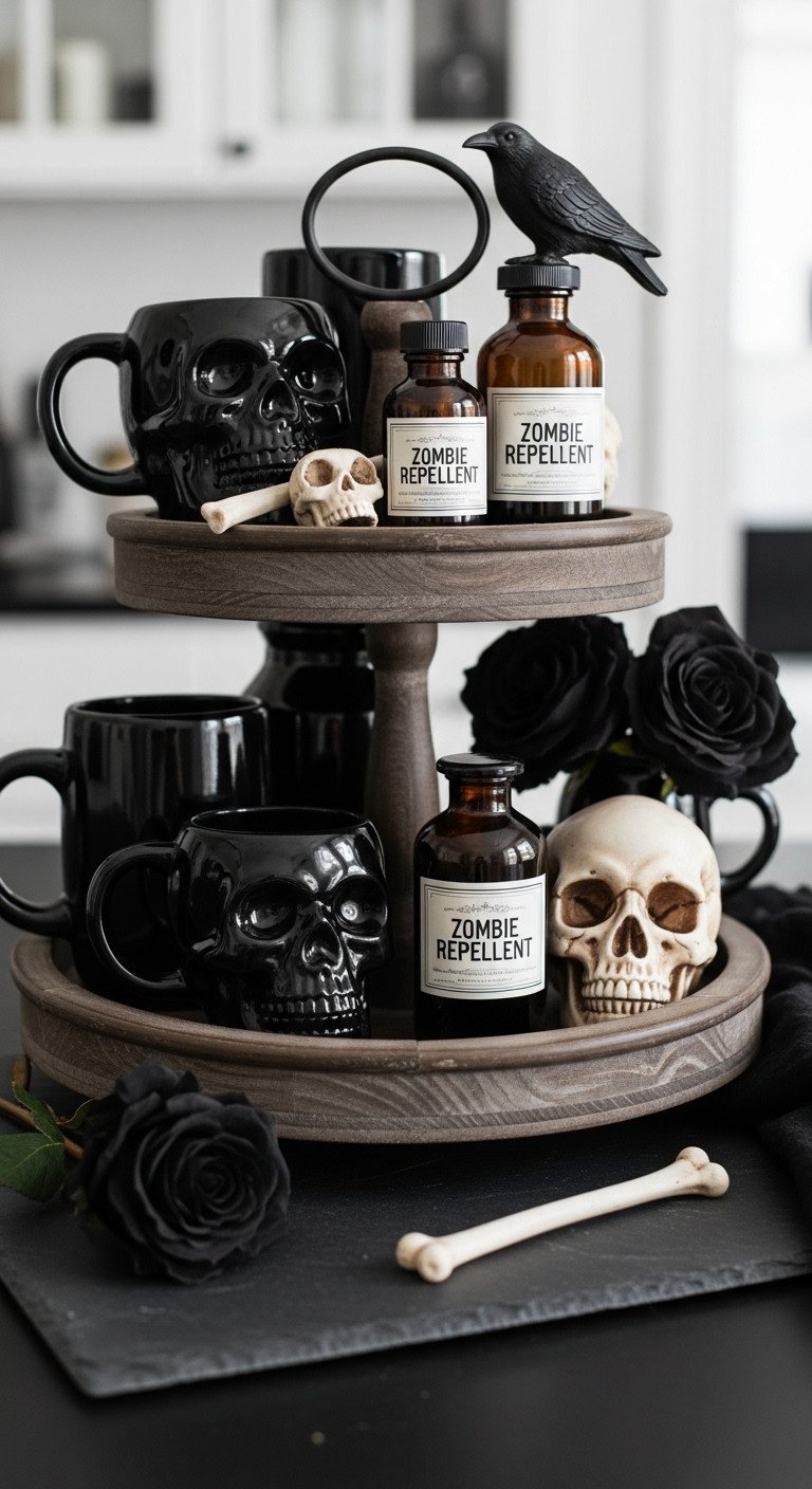 Dark and Moody Charm tiered tray with black skull mugs zombie repellent bottles ominous crow and bleached skull