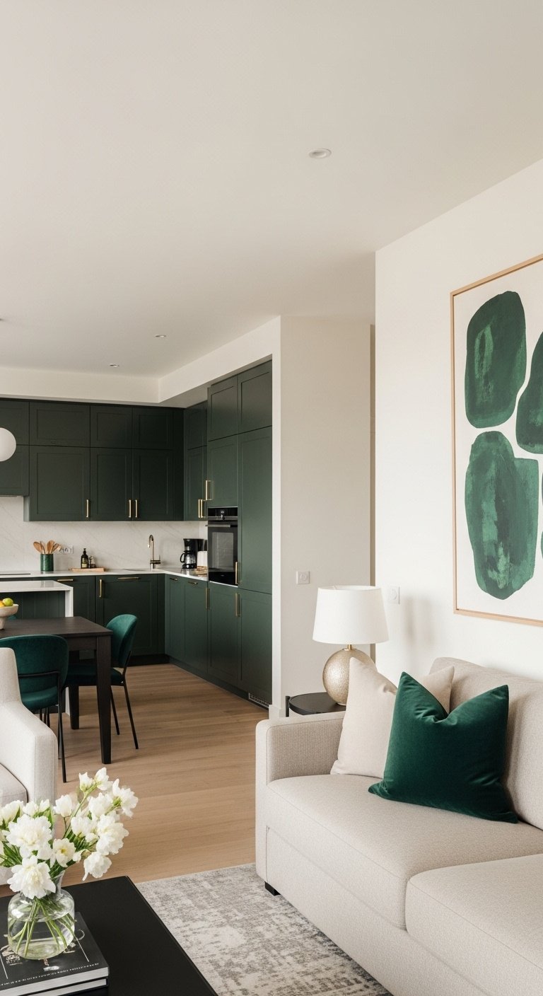 9 Open Concept Kitchen Ideas To Maximize Your Apartment Space 16 Dark green kitchen cabinets, sofa accents, abstract art unify open concept apartment decor.