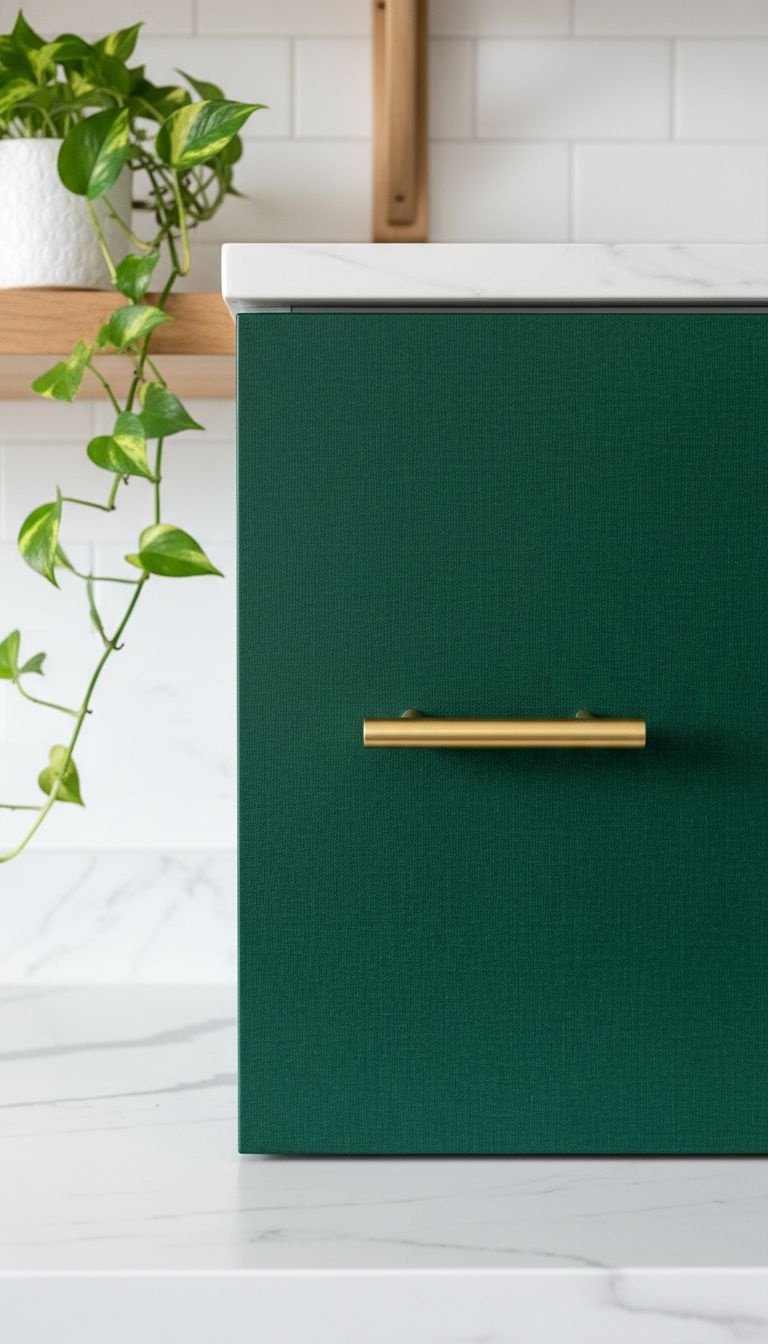 Dark green peel-and-stick wallpaper on a kitchen cabinet door with a modern brass handle. Stylish DIY cabinet makeover.