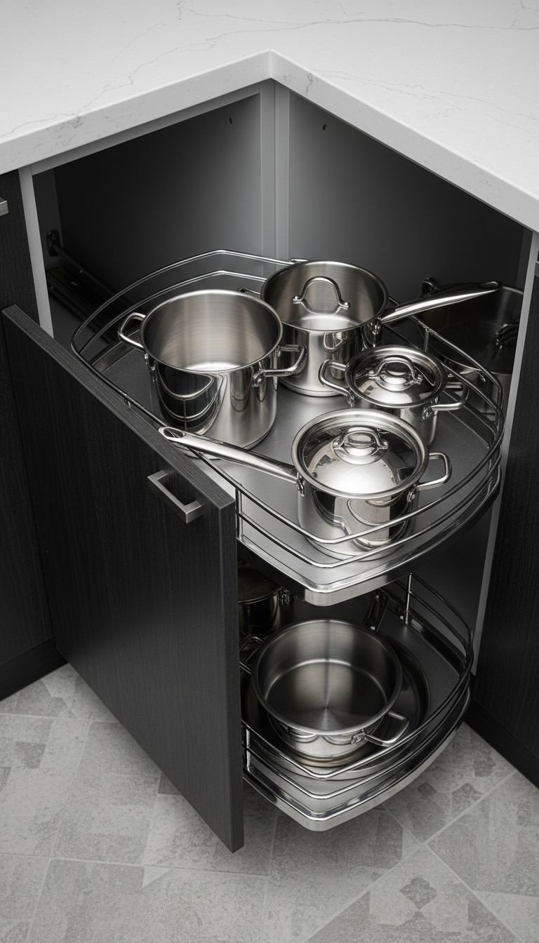 Dark wood kitchen corner cabinet with a fully extended Magic Corner unit showcasing organized pots and pans. Efficient storage.