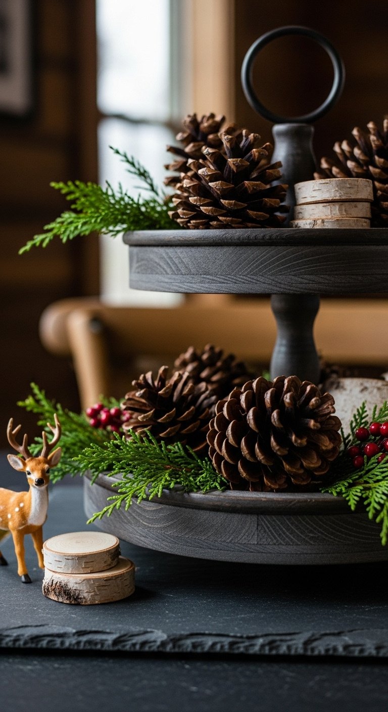 Dark wood tiered tray, rustic woodland Christmas. Features pinecones, deer figurine, cedar sprigs, birch logs. Earthy holiday cabin decor.