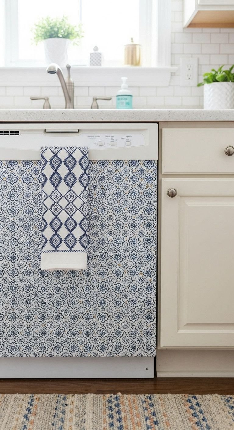 Dated white dishwasher updated with chic patterned peel-and-stick wallpaper, featuring a matching towel and dish soap.