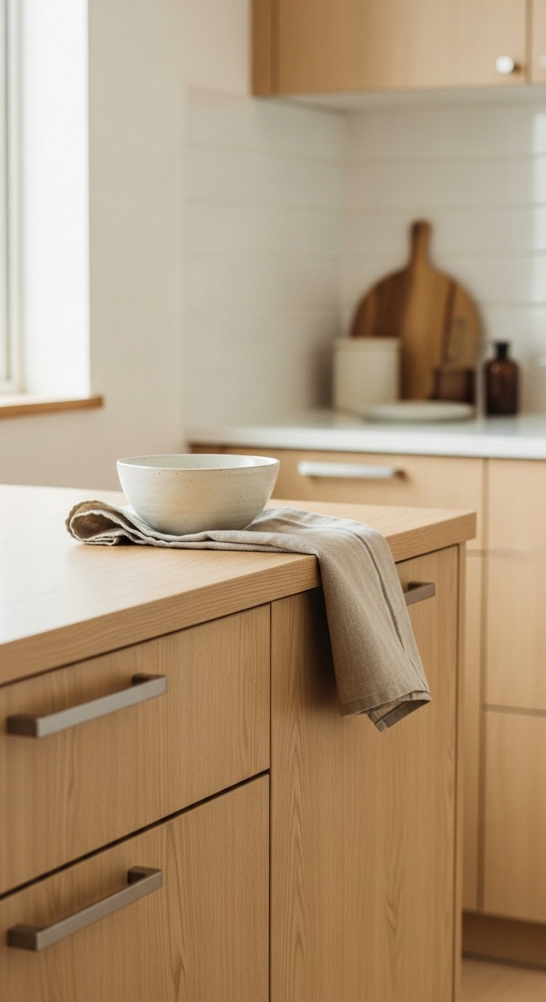 Decluttered Japanese kitchen countertop with an elegant ceramic bowl and linen tea towel against handleless cabinets