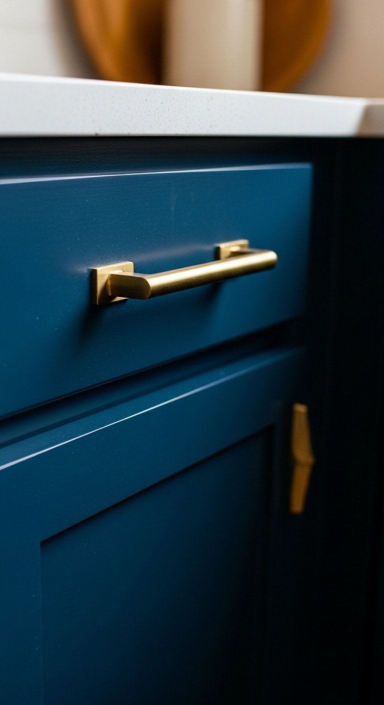 Deep navy blue kitchen cabinet drawer with sleek brushed brass pull handle, modern kitchen hardware for DIY home decor.