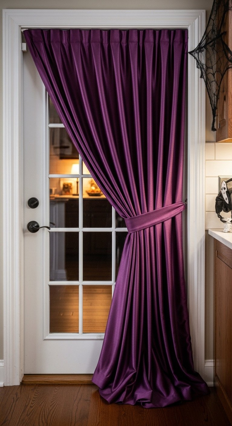 Deep purple satin sheet elegantly draped as a curtain in a kitchen doorway with soft pleats