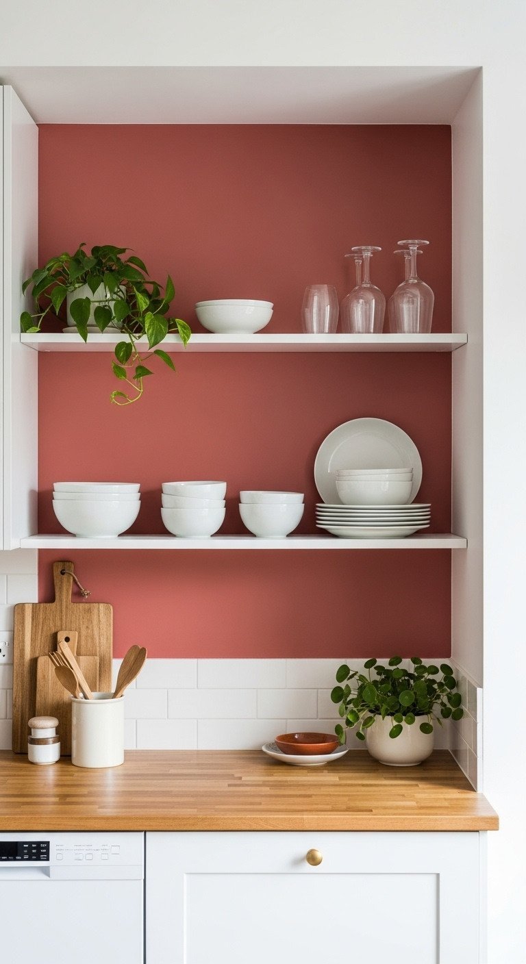 Sophisticated Pink Kitchen Ideas For Chic Apartment Living 8 Deep terracotta pink accent wall with white open shelves, minimalist dishware, and plants. Modern kitchen decor and design ideas.