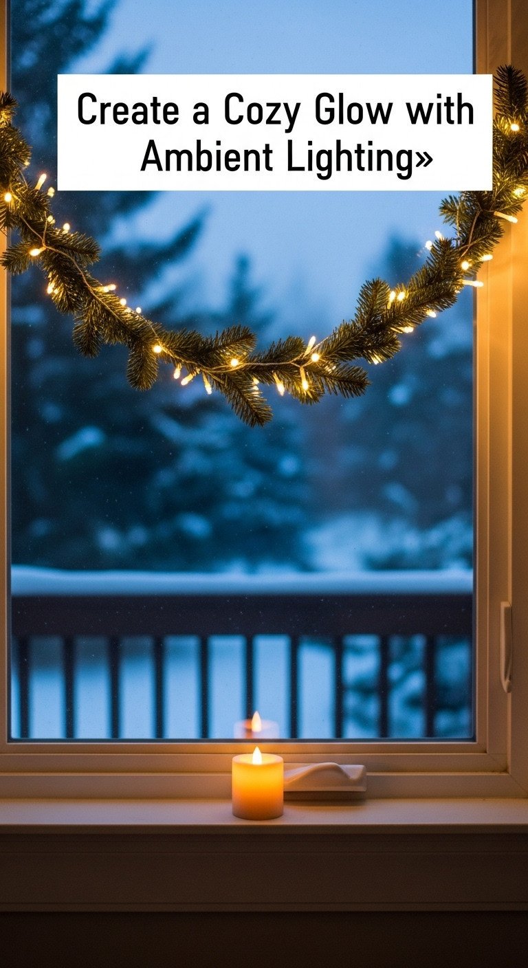 Delicate strand of warm white fairy lights woven through a small garland draped over a kitchen window at twilight