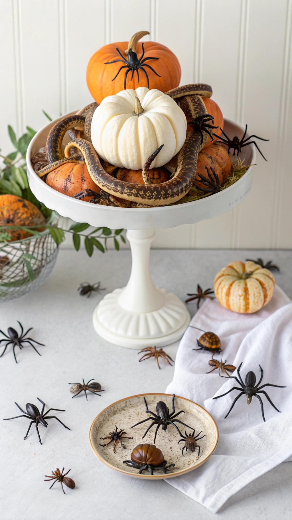 Deranged Halloween kitchen centerpiece with red roses infested with black bugs and a snake in a glass vase on a dark wood table