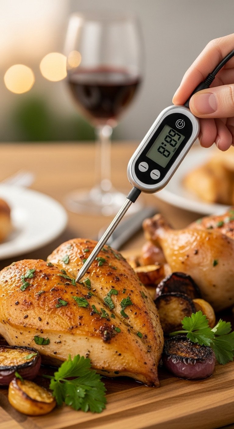 Digital instant read thermometer in a roasted chicken breast on a carving board