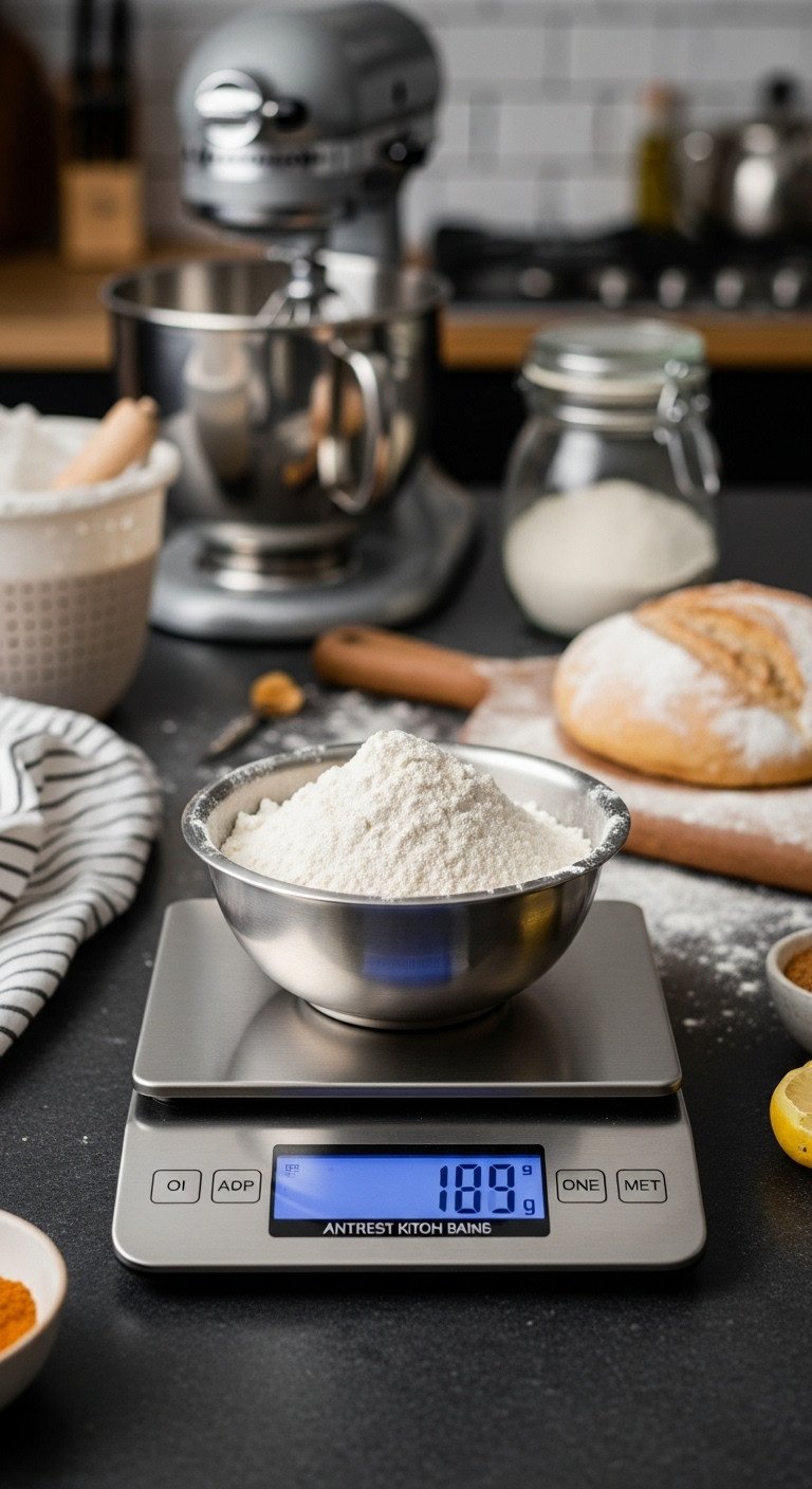 Digital kitchen scale with a bowl of flour on a dark granite countertop