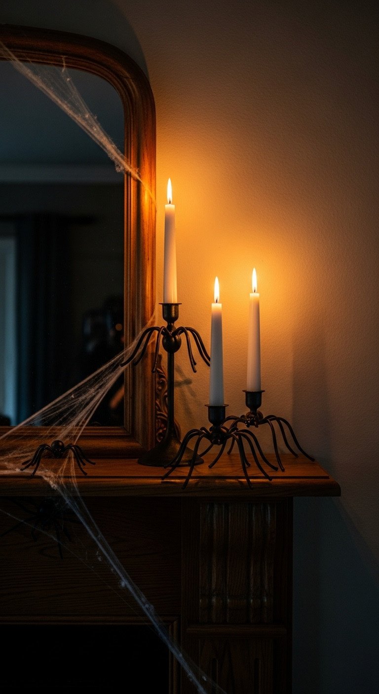 Dimly lit mantelpiece with creepy black spider candle holders