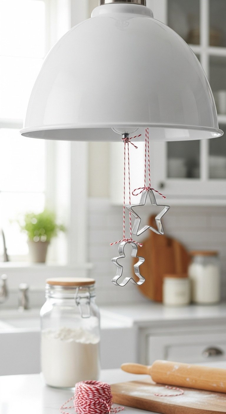 Dome kitchen pendant light with star and gingerbread cookie cutters hanging by red & white twine. Whimsical holiday kitchen decor.