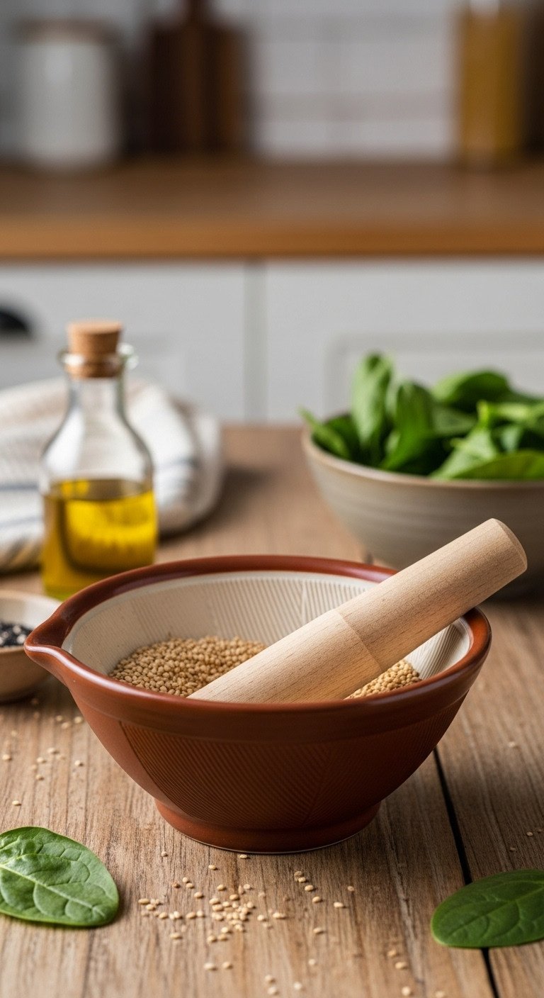 Earthy ceramic suribachi with partially ground toasted sesame seeds and wooden surikogi on rustic wooden table in golden hour light