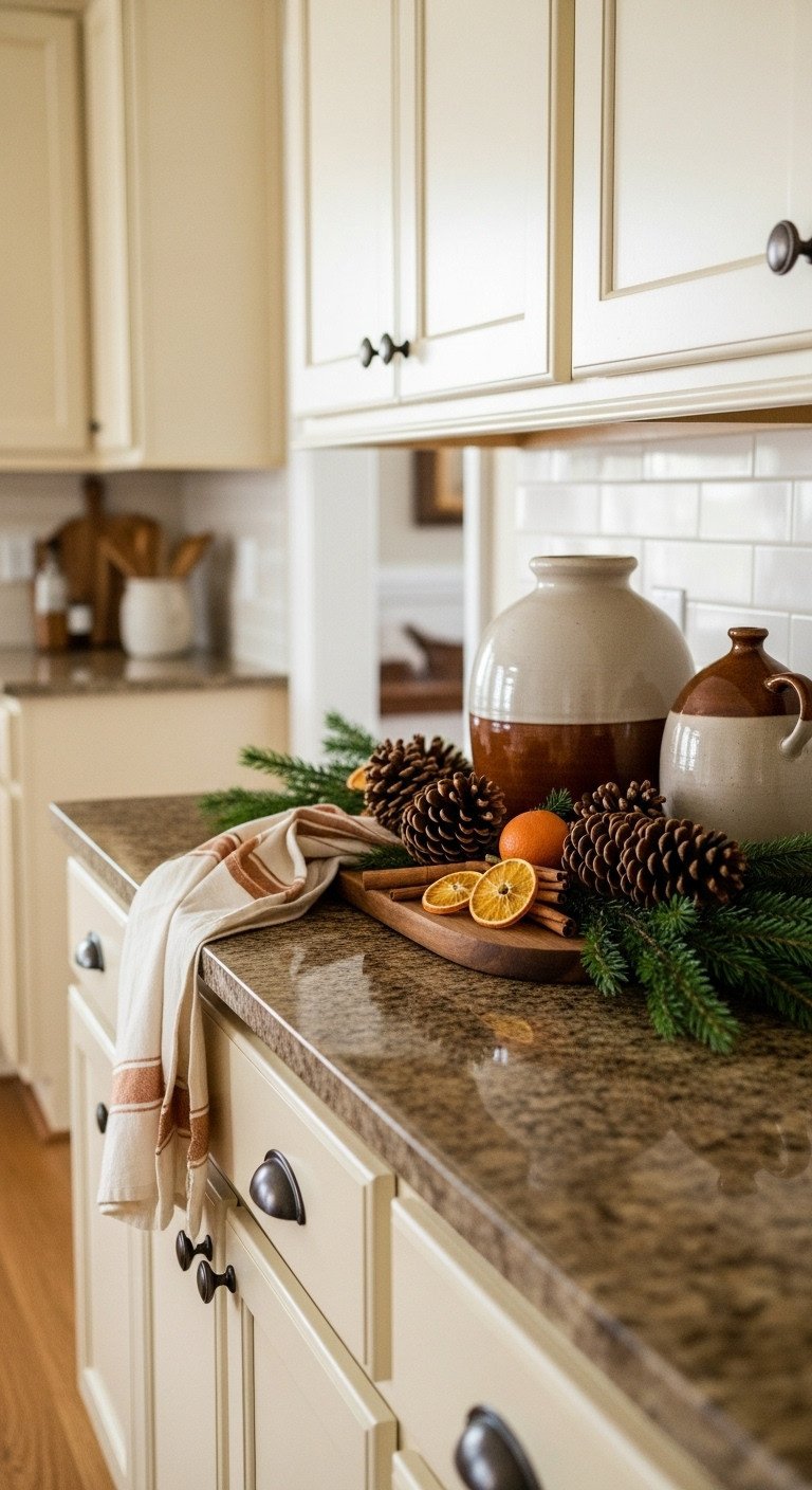 Earthy natural Christmas decor on muted yellow kitchen cabinets with pinecones dried oranges and pottery