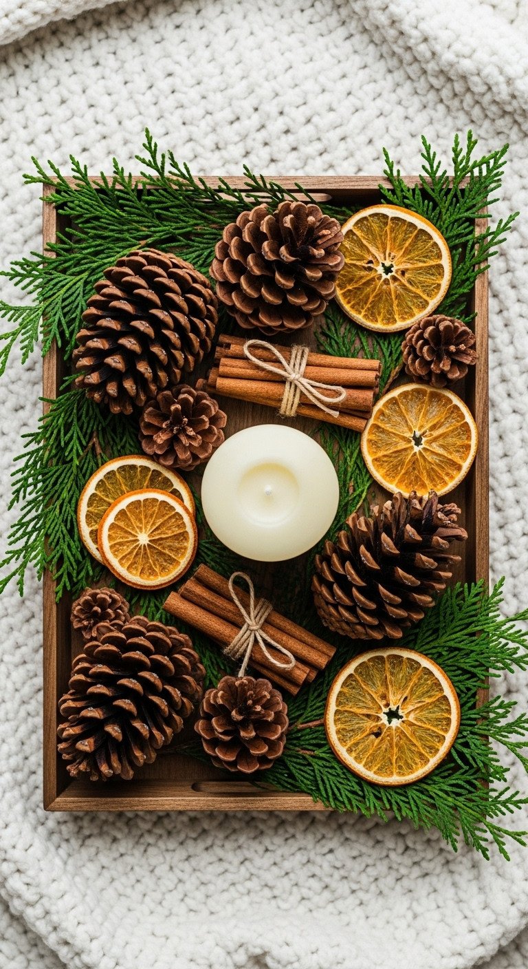 Earthy natural Christmas decor with wooden tray pinecones dried oranges cinnamon sticks and cedar sprigs