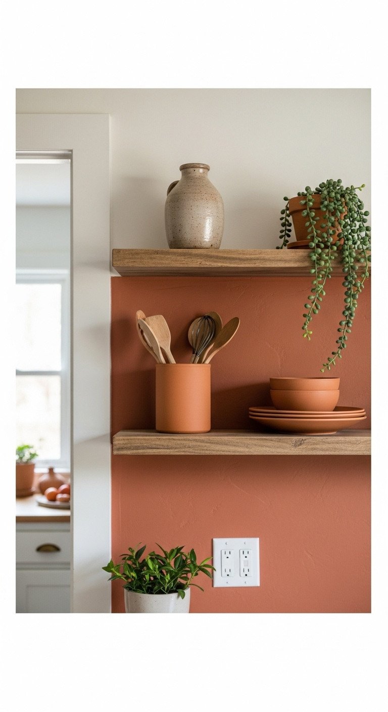 11 Japanese Kitchen Color Schemes For A Tranquil Home 11 Earthy terracotta and warm neutrals Japandi kitchen with cream walls wooden shelves and terracotta pottery