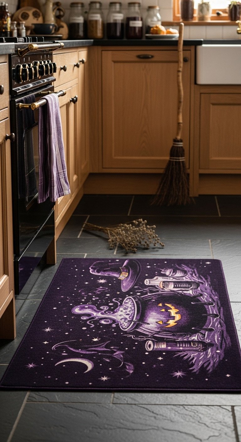 Eclectic cozy kitchen with a witch themed dark purple kitchen rug