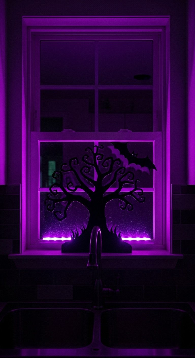 Eerie backlit silhouette of a gnarled tree and bat in a kitchen window with vibrant purple LED light for Halloween